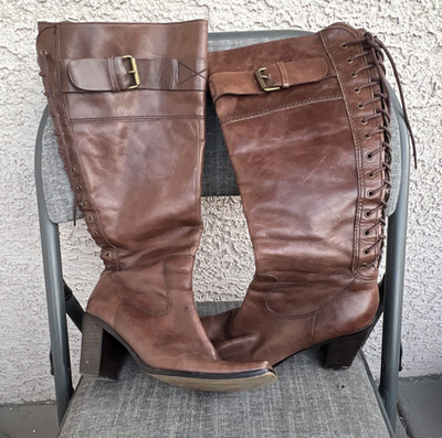 Bata Women s Brown Leather Knee High Fashion Boots Lace-Up Square Toe EU 38