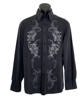 Roar Shirt  Mens L Black Embroidered Pinstripe Long Sleeve Western Rock
