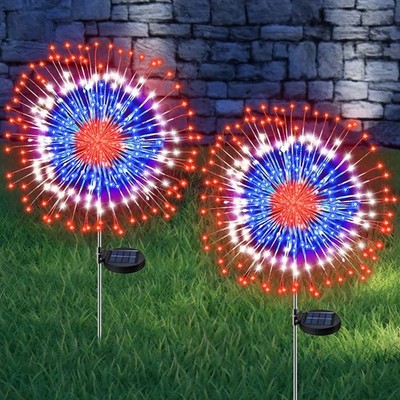 4th of July Decorations Outdoor Solar Lights, 2 Pack Patriotic Solar Firework St