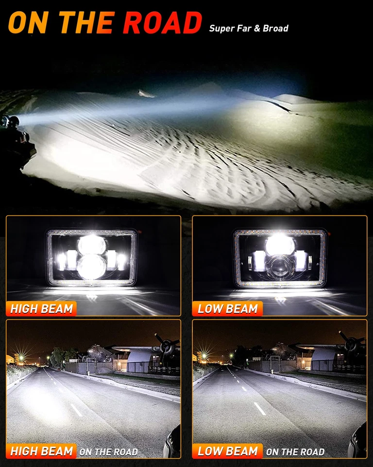 Faros proyectores LED de haz alto bajo 4x6" 4 piezas para Lincoln Town Car 1981-1989 Foto 2 de 4