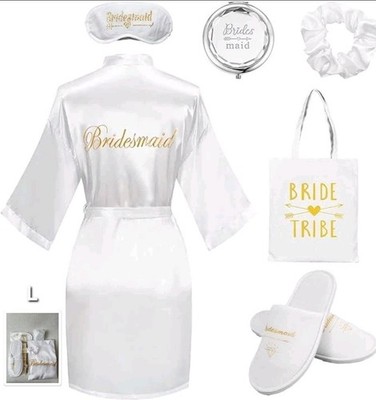 6tlg Brautjungfer Morgenmantel Set Morgenmantel Hausschuhe Hochzeit Geschenk Bridal Shower Weiß