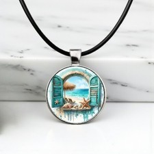 Beach Sea Star Shell Design Round Glass Pendant Necklace Rope Chain
