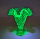 Fenton Hobnail Ruffled Trumpet Vase Emerald Green Opalescent Uranium Glows 4"