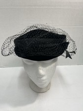 Vintage 1950s Black Velvet Evening Hat Beret Cap With Mesh Veil