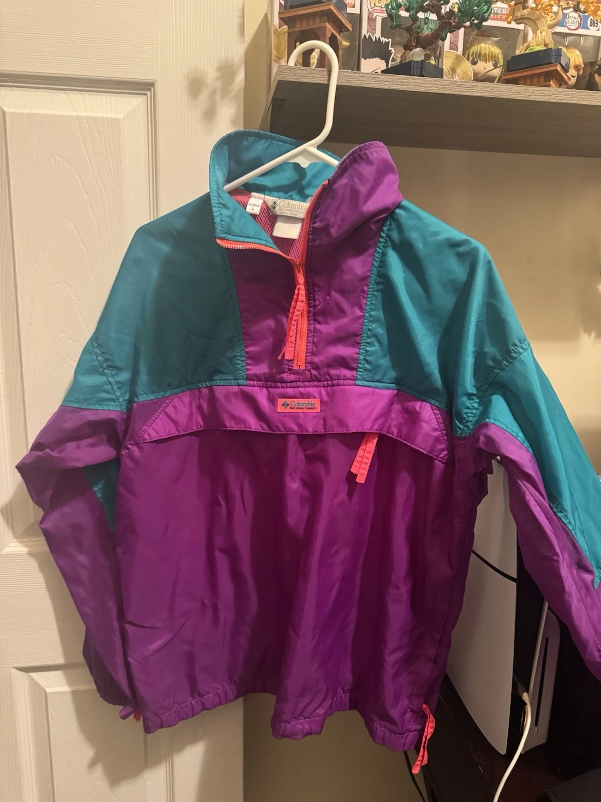 VINTAGE Columbia Jacket Womens Large Purple Blue Anorak Colorblock Pullover 90s