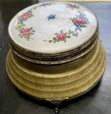 Antique Metal, Music Powder Puff Box, Floral, Stamp In The Bottom, Wood