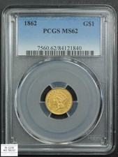 1862 Type 3 Indian Princess Gold One Dollar G$1 PCGS MS 62
