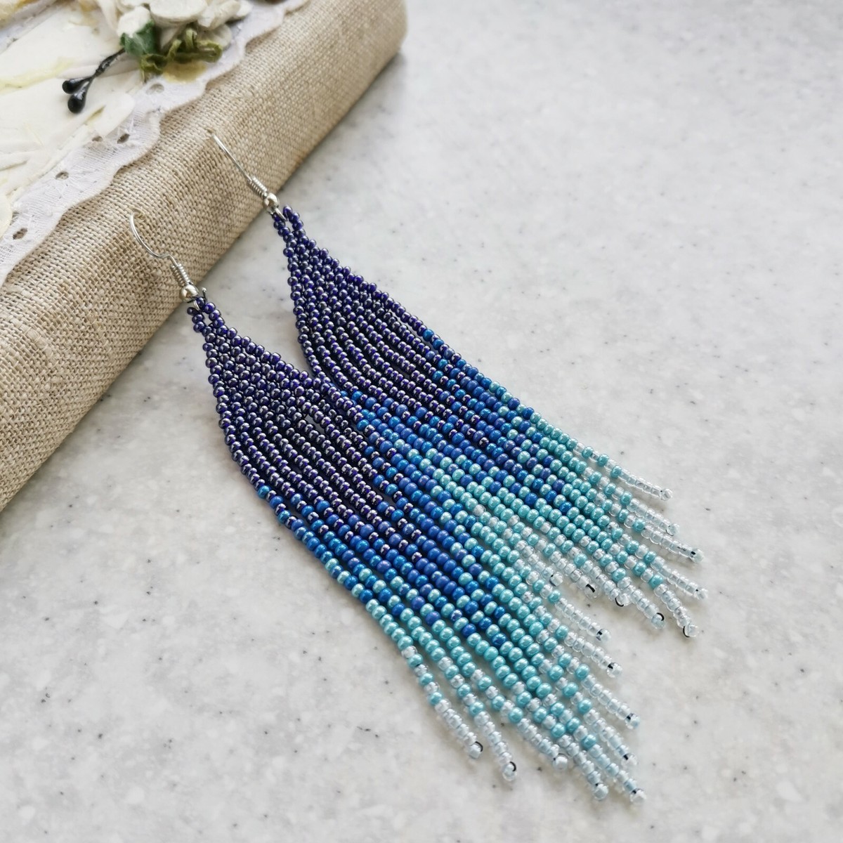 Ombre blue seed bead earrings Long beaded fringe chandelier handmade  earrings