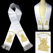 White Satin Stole Sash for Baptism Christening Embroidered Angel in Gold Silver