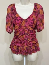 DR2 Women’s Multicolor Puff Short Sleeve V-Neck Stretch Comfort Ruched Blouse S