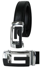 Automatic Ratchet Click Buckle Leather Belt Silver Chrome Matte Black Buckle G45