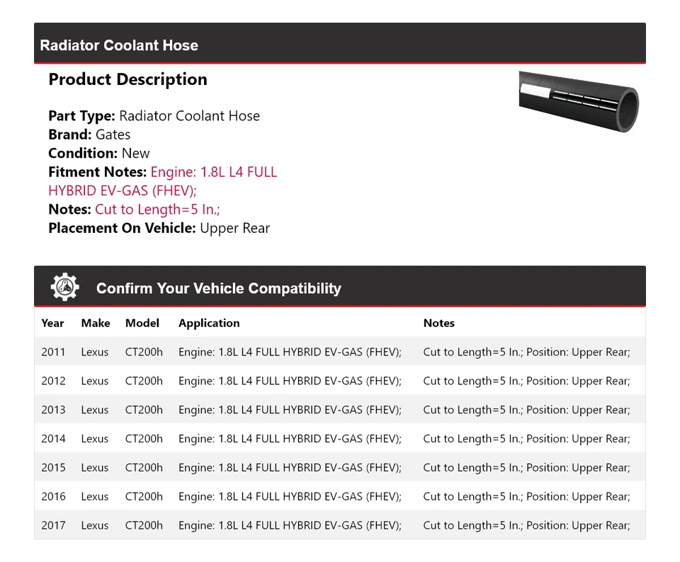 Manguera de refrigerante de radiador para Lexus CT200h 2011-2017 puertas traseras superiores 2012 2013 2014 Foto 2 de 4