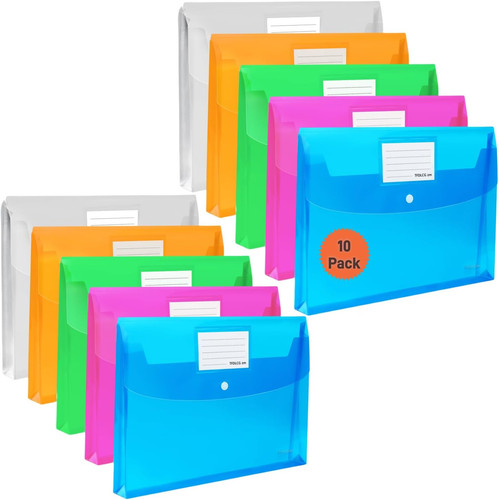 10 Pack Plastic Envelopes with Snap Closure, Poly File Envelopes with Label Pock
