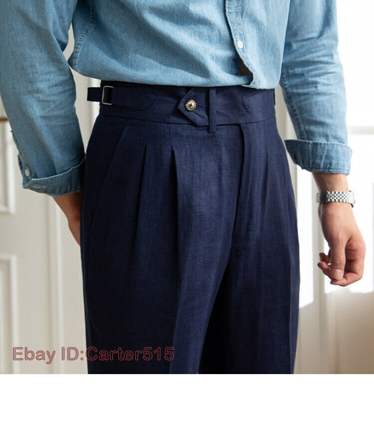 Men Linen Italian Style Pants Summer High Waist Straight