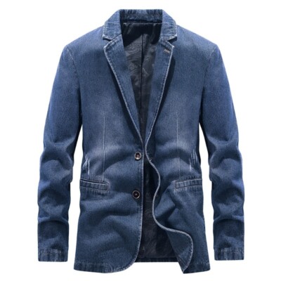 Herren Denim Blazer Business Anzug Jacke Waschung Jeans Mantel Outwear Slim Fit