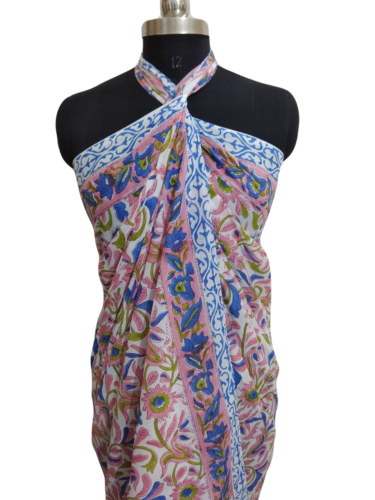 Paréo imprimé à la main bloc coton rose beau sarong, foulard de plage d'été, couverture - Photo 1/12