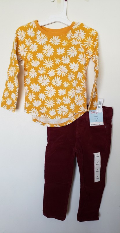 Cat And Jack Toddler Girl 3t 2pc Set NWT Long Sleeve Cordoroy Floral Daisies BTS