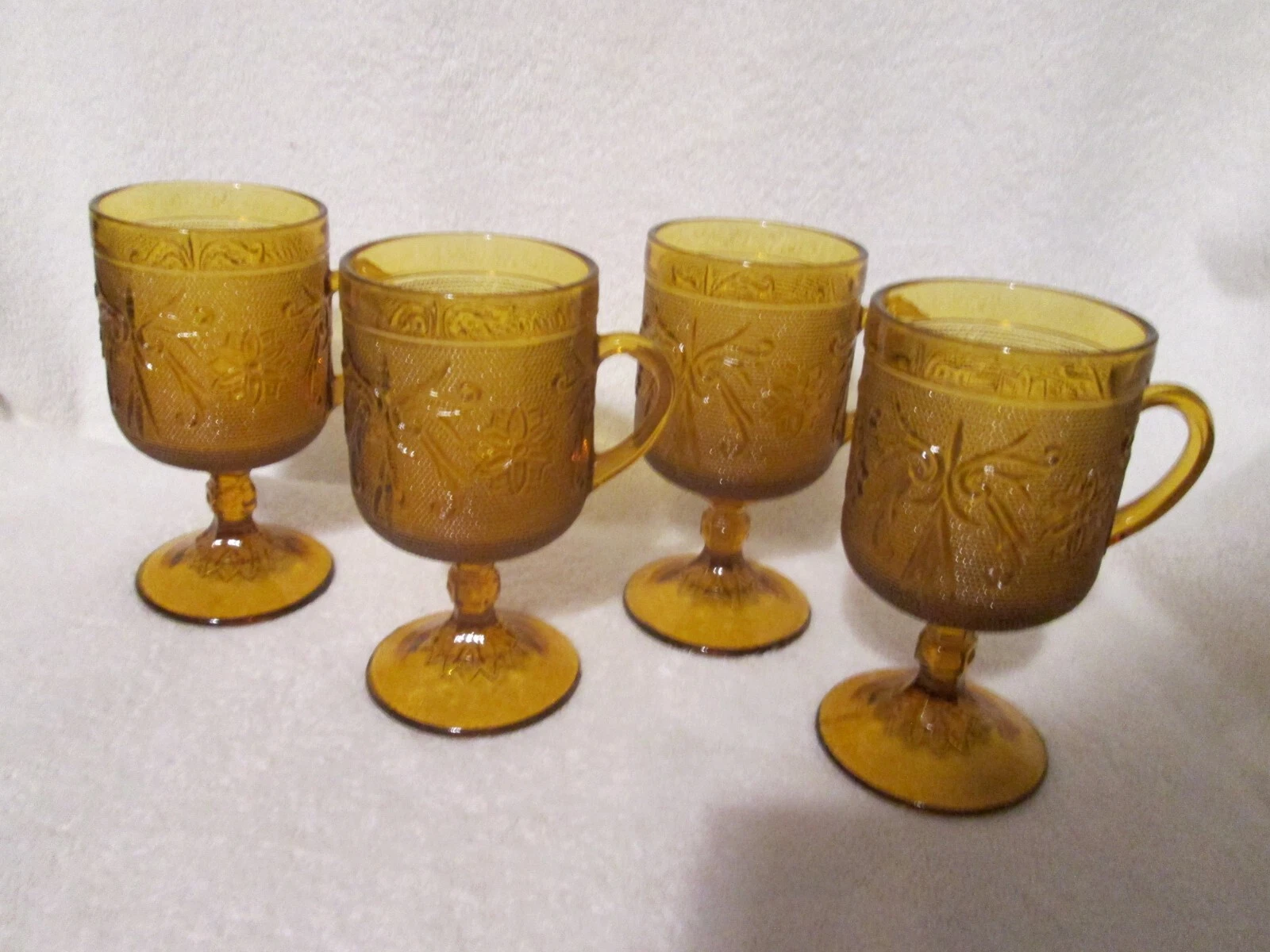 Indiana Tiara Pressed Sandwich Glass Amber Pedestal Footed Tall Coffee Mugs