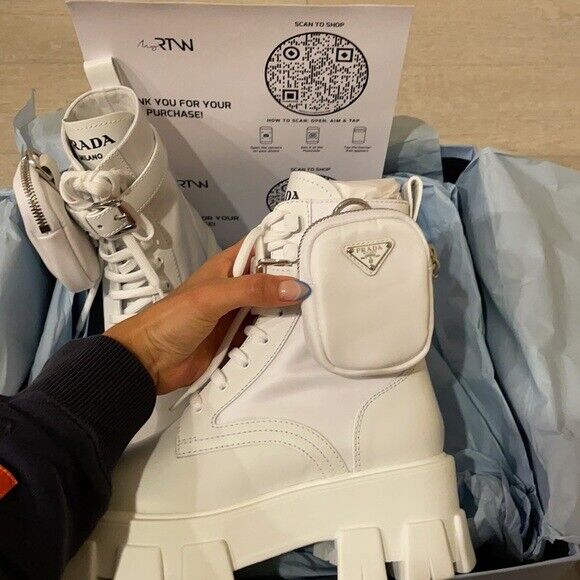 NIB Prada Monolith Nylon Leather Brushed Rois White 2021 sz NIB Prada Monolith Nylon Leather Brushed Rois White 2021 sz