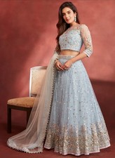 Lashkaraa Dusty Blue Embroidered Sequins Net Lehenga Bridal Zari Size M NWOT