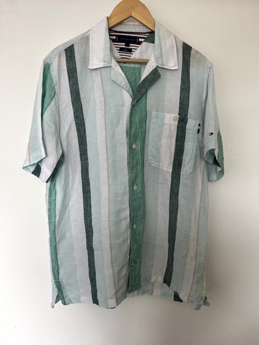 Mens Tommy Hilfiger 100% Linen Shirt Size Large (L) in Green Striped Camp Collar - Picture 2 of 9