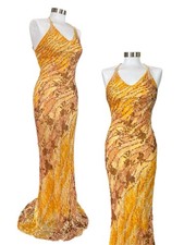 Vintage Y2K Rare Sue Wong Burnout Silk Halter Floral Yellow Beaded Dress Size S