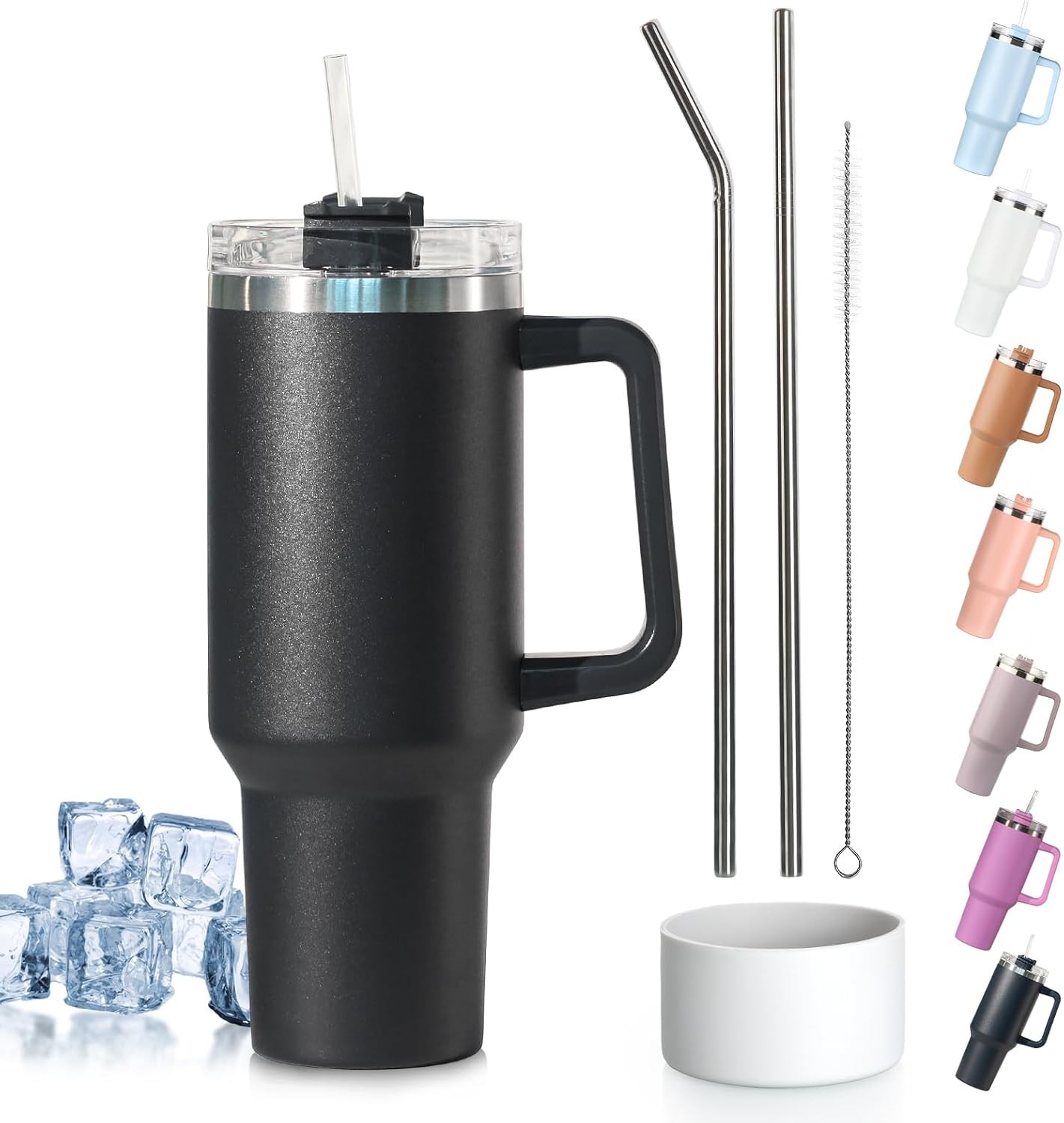 40oz Tumbler with Straw Lid and Handle + 2 Stainless Steel Straws + Silicone Bo