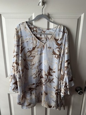 Catherine s 4X 30/32W Pretty Blue & Brown Floral Tunic Top 3/4 Ruffle Slvs EUC