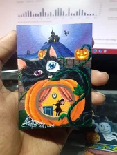 ACEO Balck Cat and Pumpkin Halloween Acrylic Painting Art Signed SSJ Pedige