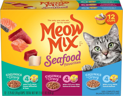 Meow Mix Seafood Favorites Chunks in Gravy Wet Cat Food Variety Pack, 2.75 Ounce