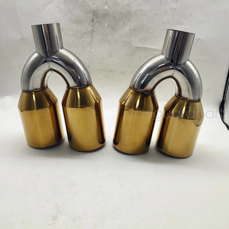 PUNTA DE ESCAPE DORADA CUÁDRUPLE 4" SALIDA ESCALONADA L&R PAR 2.5" ENTRADA DOBLE PARED ÁNGULO CORTE Foto 3 de 4