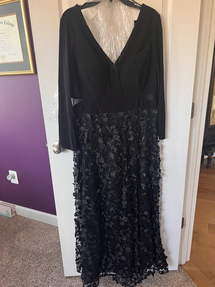 Vestido formal novo com etiquetas Xscape preto floral tamanho 14P manga longa malha cintura - Imagem 3 de 4