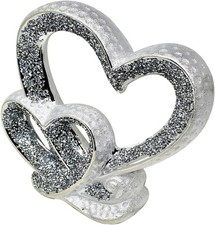 SILVER DOUBLE HEART SPARKLE BLING ORNAMENT CRUSHED DIAMOND XMAS GIFT UK SELLER