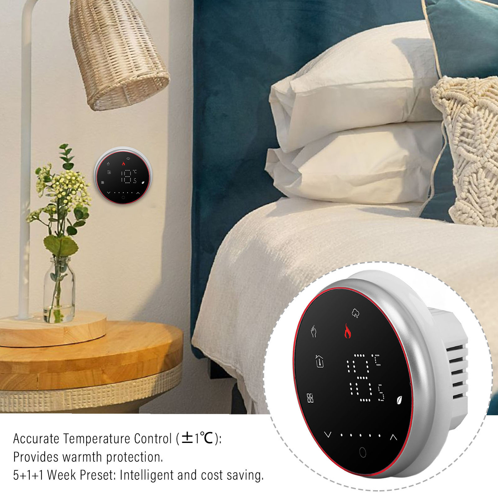 Smart Thermostat 1 Week Programmable LED Display Recessed Round Digital Therm-image