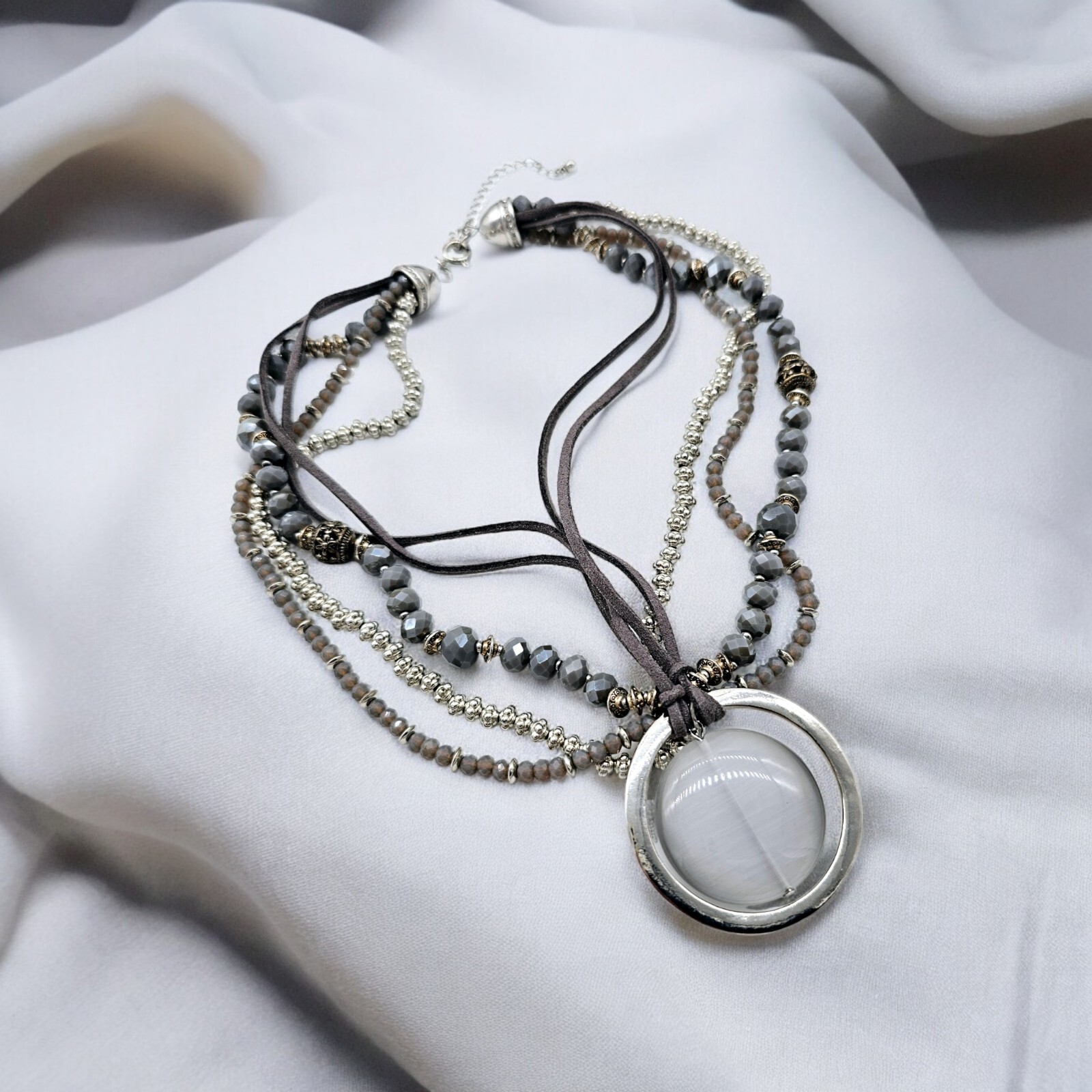 Floating Moon Statement Necklace Gray Leather Fac… - image 1