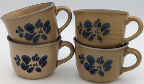 SET 4 PFALTZGRAFF FOLK ART FLORAL TAN BLUE COFFEE TEA CUPS USA 001 Excellent