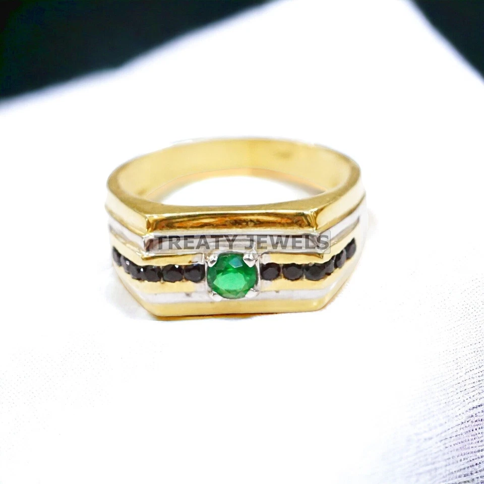Esmeralda corte redondo con anillo enchapado en oro de plata de ley 925 para hombre #633 Foto 4 de 4