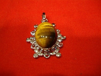 Karis Tigers Eye Pendant for Necklace-Bezel Set in Silvertone Metal measuring 1''