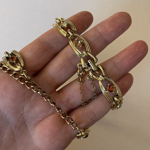 Vtg Signed Coro Gold Tone Linked Necklace/Bracelet Set Colors of Topaz - Picture 3 of 4