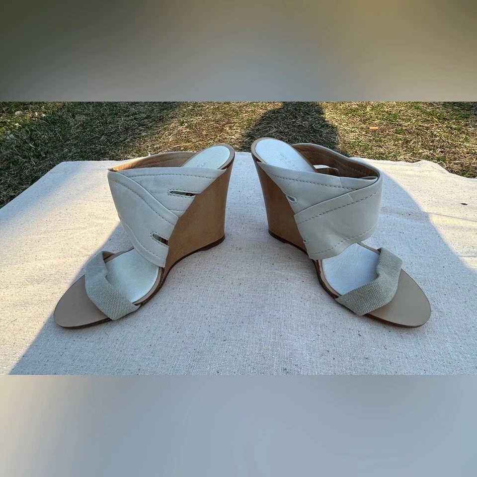 NWT rag & bone leather/fabric white/beige wedge slip on sandal Stacked Wood Heel - Image 4 of 4