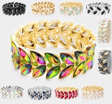 Crystal Rhinestone Cocktail Stretch Bangle Bracelet Leaf Bridal Wedding Party