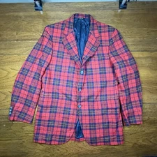 American Craftsman Vintage 60s/70s Men's Red Tartan Plaid Blazer Jacket, 40 Flaw