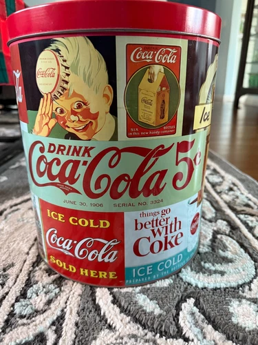 COCA COLA EMPTY POPCORN TIN 12" TALL X 10" DIAMETER VINTAGE ADVERTISING SIGNAGE