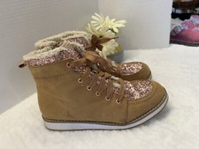 Gap Kids Girls G-Glitter Hiker Boots Sz2 BrownW/RoseGold side zip w/ zip front