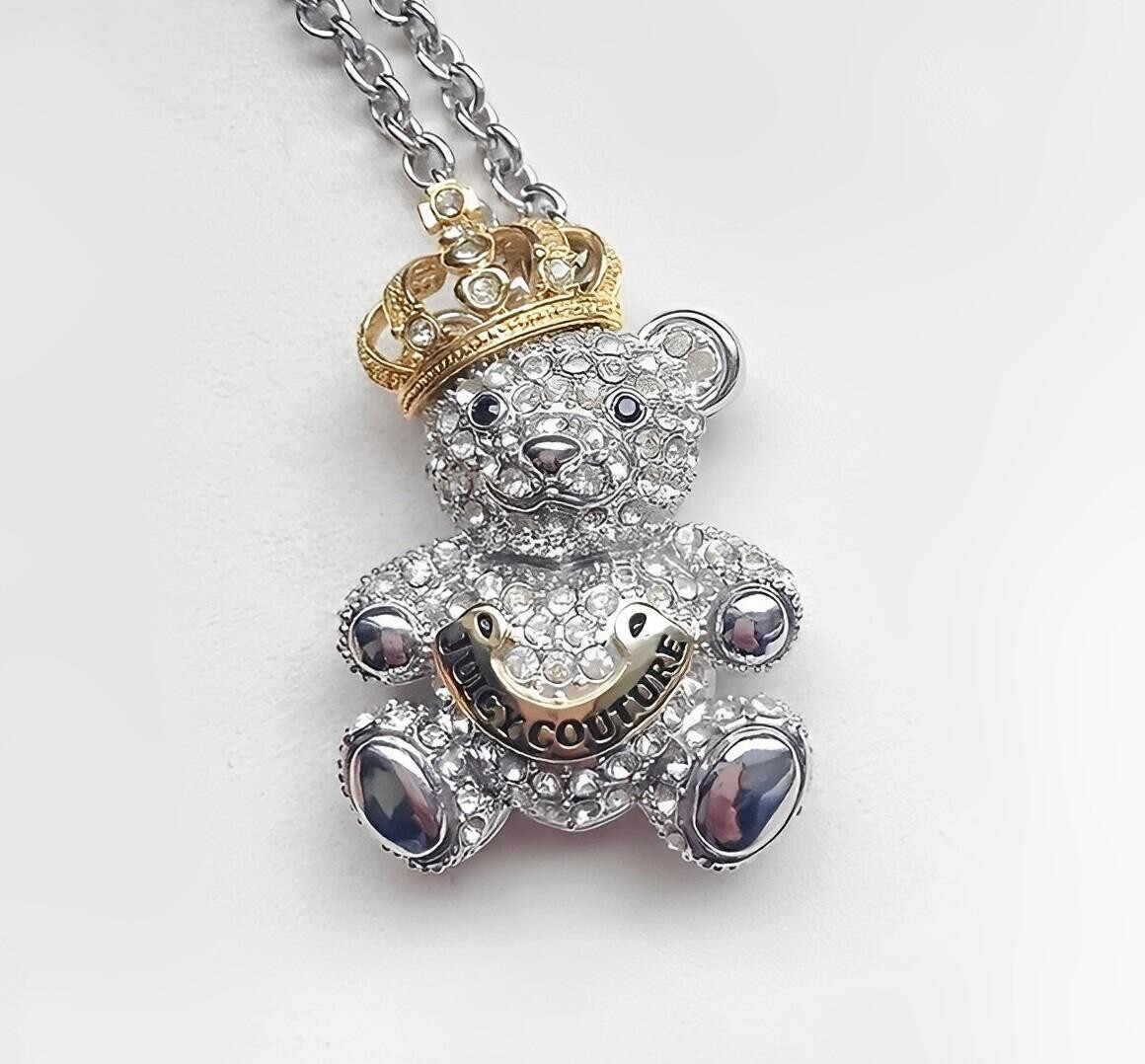 Juicy Couture Gold Crown Silver Diamond Teddy Bear Pendant