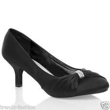 LADIES SATIN LOW MID HEELS WOMENS WEDDING BRIDAL BRIDESMAID STILETTO KITTEN SHOE