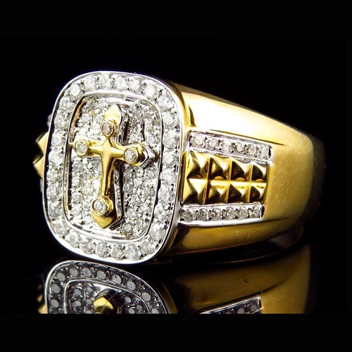 0.85 Ctw Natural Moissanite 14K Yellow Gold Plated Cross Pinky Men's Ring