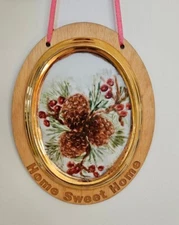 Pine cones Porcelain Home Sweet Home wall hanging Framed cabin country rustic