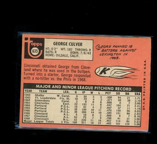 1969 Topps high # 635 George Culver Cincinnati Reds - Image 2 of 2