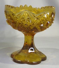 Kemper Wheaton, Amber Glass Pedestal Compote Candy Dish, Saw Tooth Rim,  KW Mark
